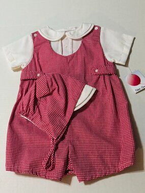 Petit Ami Red and White Gingham Romper with Side Tabs and Hat 9 Months